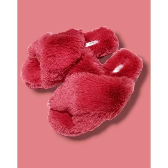 Flora Berry Rouge Super Soft Fuzzy Faux Fur Crossband Womens 7/8 House Slippers - Picture 11 of 16
